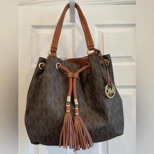 Michael Kors Jet Set Large Gathered Tote MK Signature Logo Brown